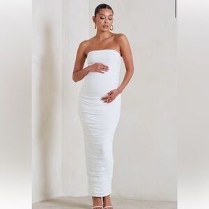Club L London MATERNITY WHITE STRAPLESS BODYCON RUCHED MESH MAXI DRESS